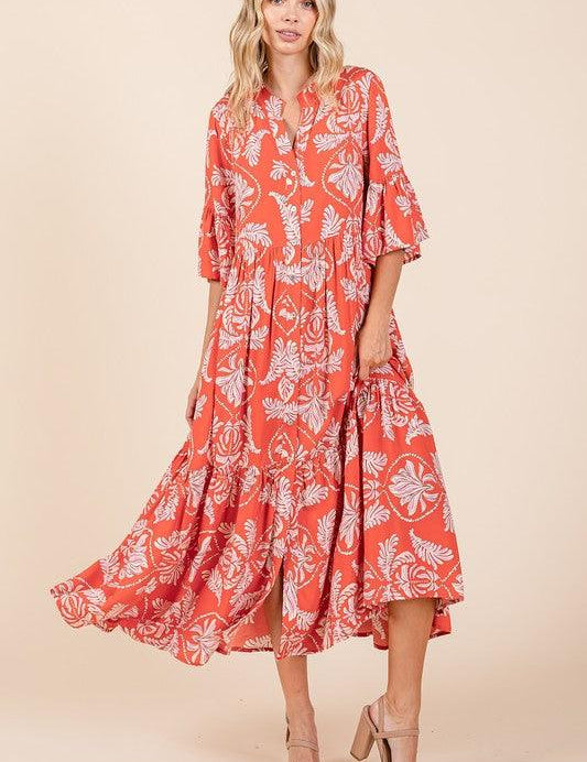 Orange-Red Mittoshop Abstract Leaf Print Tiered Ruffle Dress | Daverri Fashions