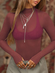 Mock Neck Long Sleeve Sheer Top | Tops Daverri Fashions