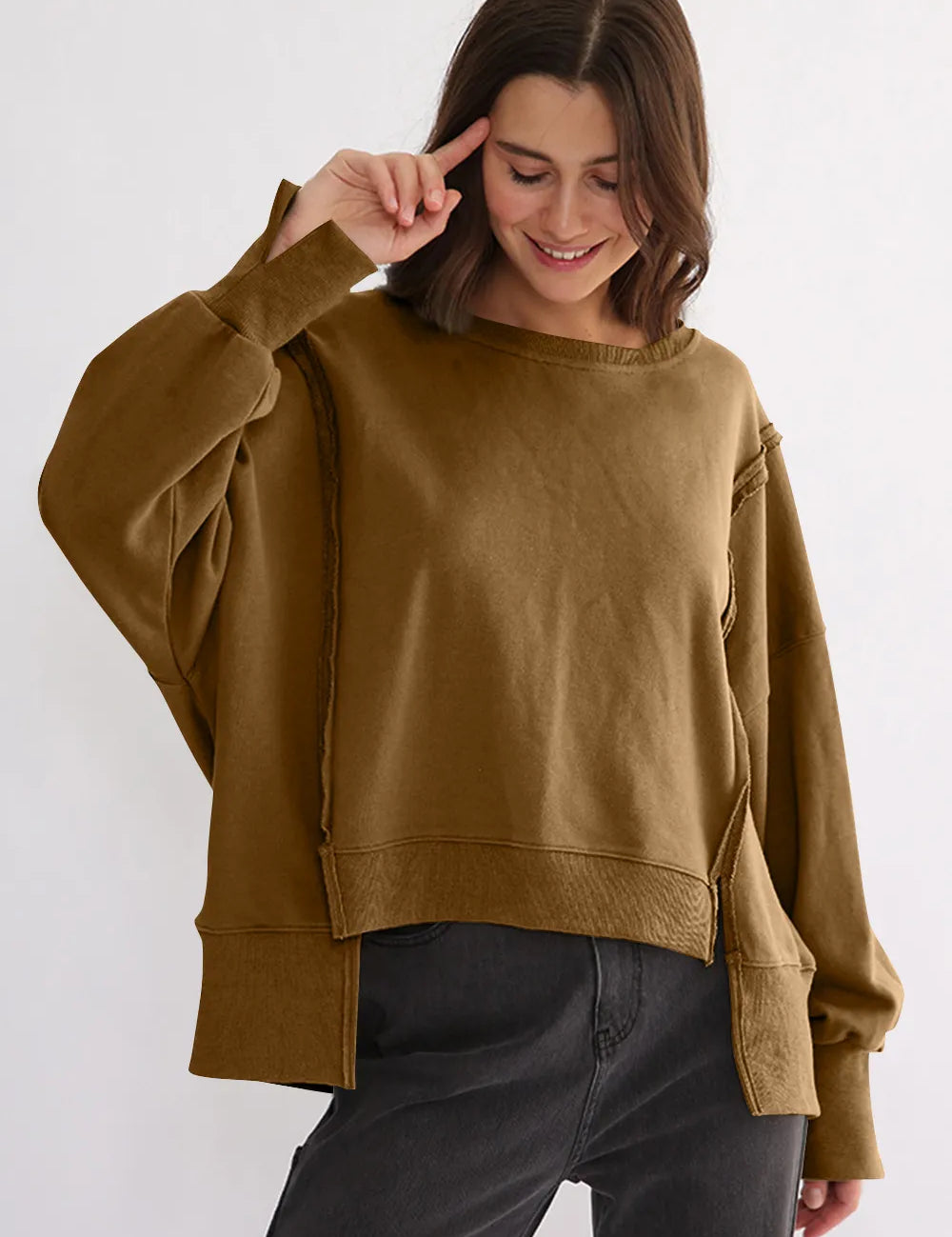 Camel One Size Exposed Seam High-Low Long Sleeve Sweatshirt | Daverri Fashions
