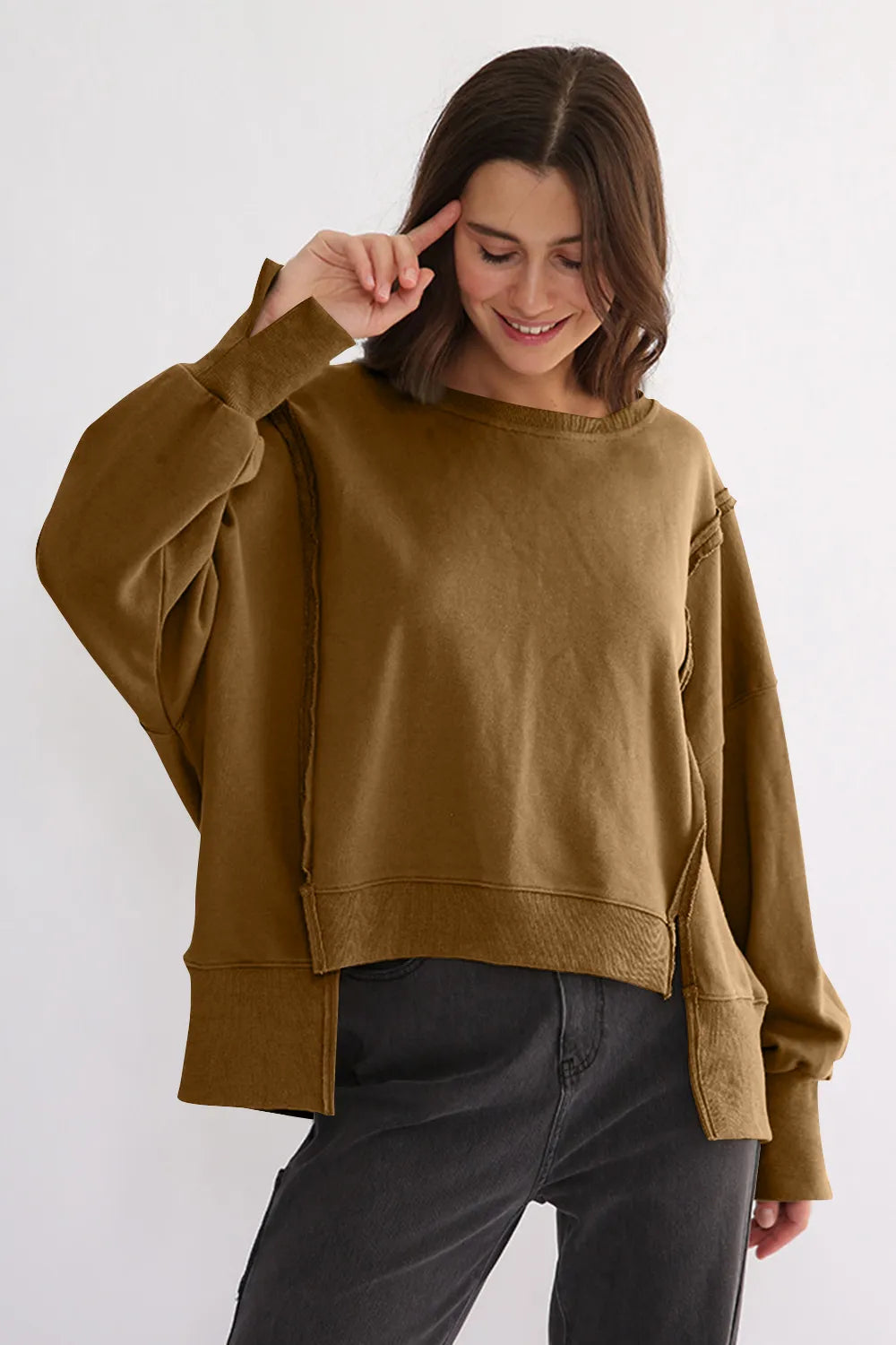 Camel One Size Exposed Seam High-Low Long Sleeve Sweatshirt | Daverri Fashions
