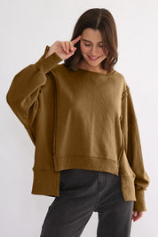 Camel One Size Exposed Seam High-Low Long Sleeve Sweatshirt | Daverri Fashions