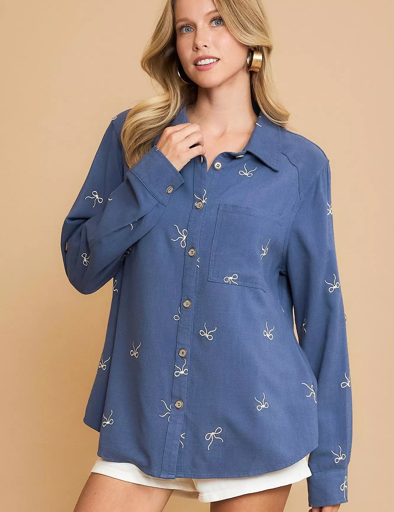 DENIM Umgee Linen Blend Fitted Shirt with Ribbon Embroidery Details | Shirts Daverri Fashions
