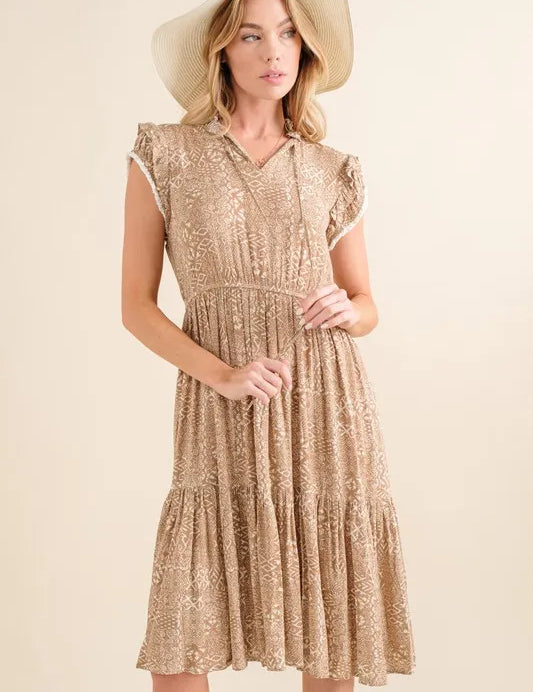 Taupe And The Why Boho Printed Tiered Dress | Knee Length Dresses Daverri Fashions
