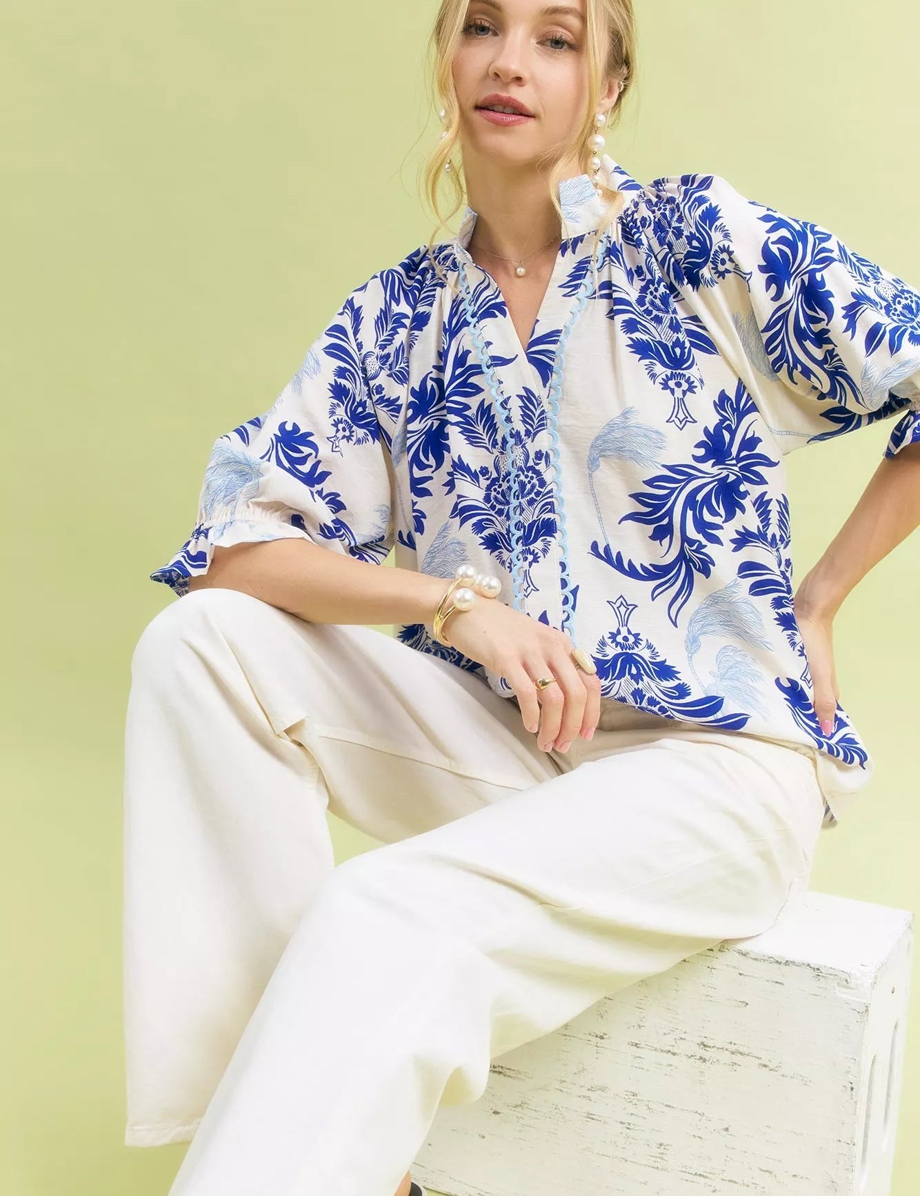 Umgee Leafy Damask Print Blouse with Contrast Scalloped Trim Detail | Blouses Daverri Fashions