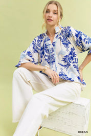 Umgee Leafy Damask Print Blouse with Contrast Scalloped Trim Detail | Blouses Daverri Fashions