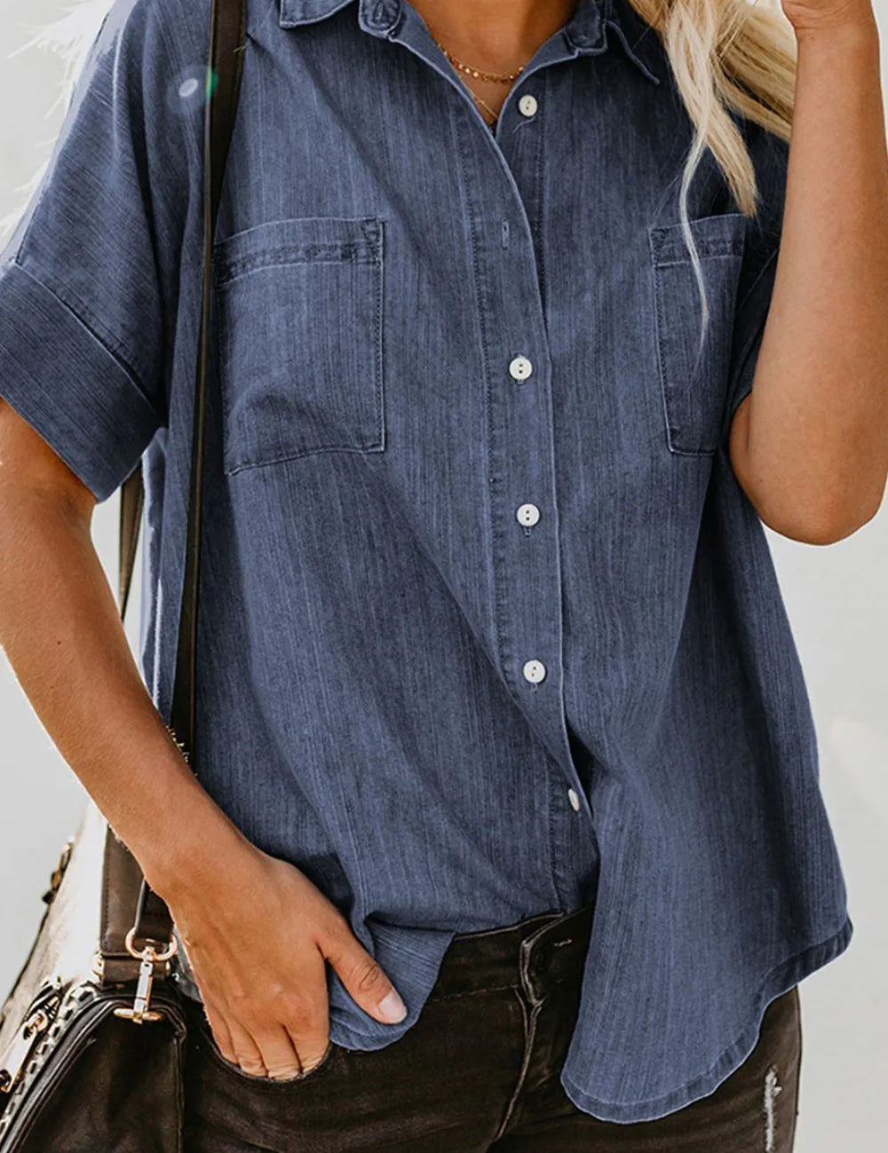 Dusty Blue Pocketed Button Up Short Sleeve Denim Shirt | Shirts Daverri Fashions