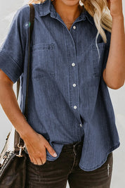 Dusty Blue Pocketed Button Up Short Sleeve Denim Shirt | Shirts Daverri Fashions