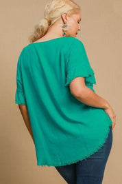 Umgee Full Size Raw Hem Ruffle Short Sleeve Blouse Plus Size | Blouses Daverri Fashions