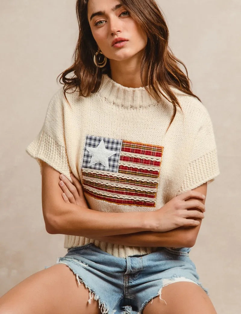BiBi American Flag Patchwork Drop Shoulder Sweater | Sweaters Daverri Fashions