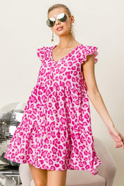 BiBi Leopard Cap Sleeve Tiered Mini Dress | Mini Dresses Daverri Fashions