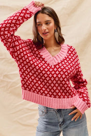 SO ME Color Block Textured Christmas Sweater V Neck Top | Sweaters Daverri Fashions