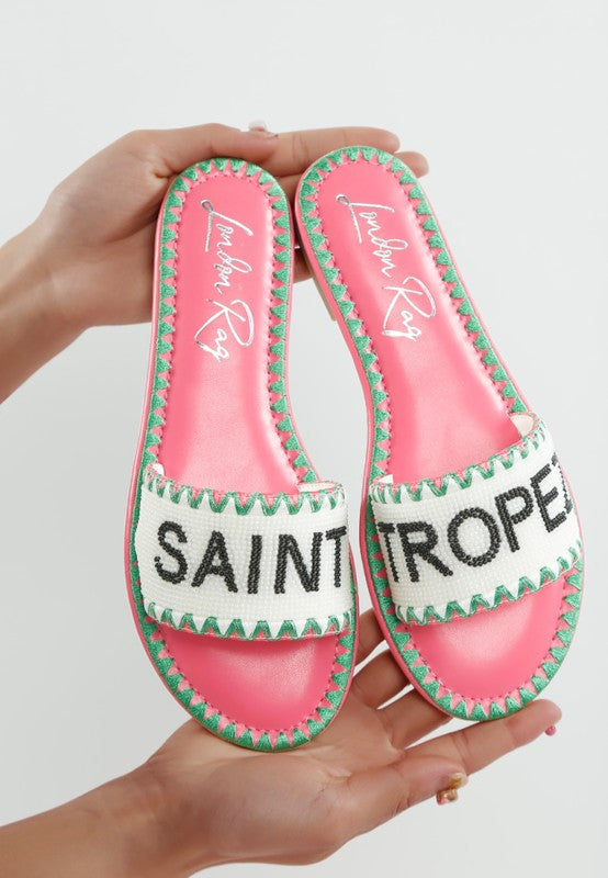 Luxe Getaway Beaded Saint Tropez Flat Slip Ons | Slides Daverri Fashions
