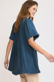 Umgee Full Size Raw Hem Notched Babydoll Linen Blouse Plus Size | Blouses Daverri Fashions