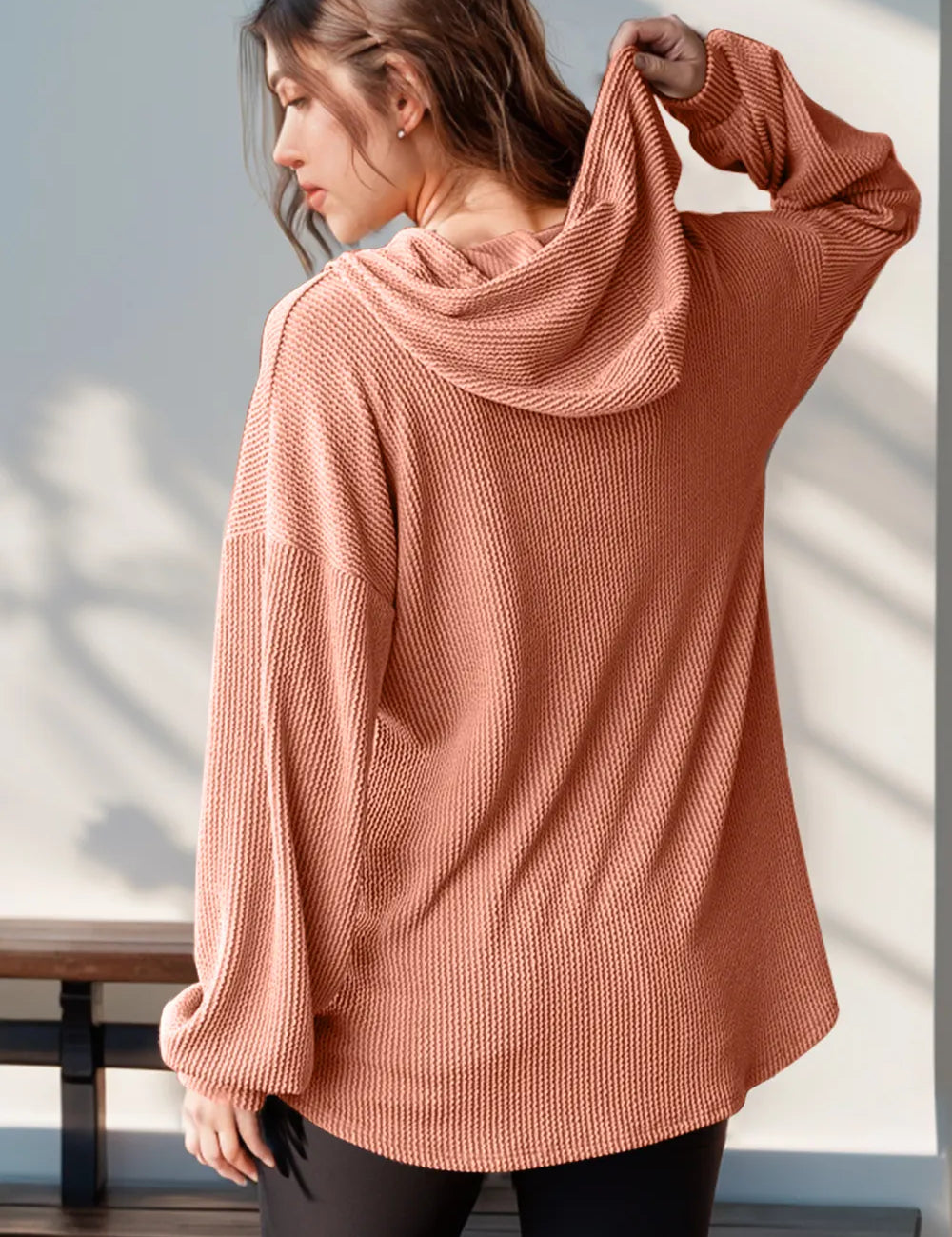 Double Take Full Size Half Button Long Sleeve Hoodie | Hoodies Daverri Fashions