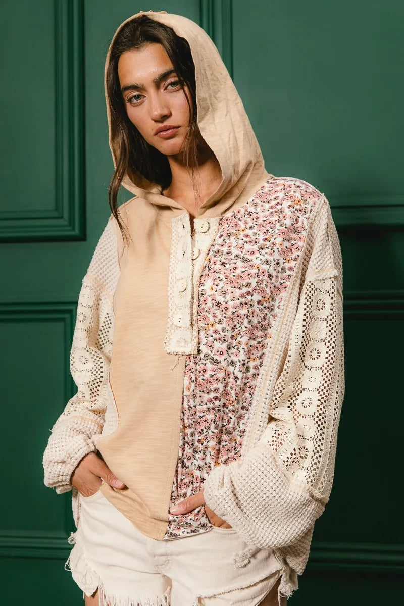 BiBi Slub Jersey with Lace Combo Buttoned Hoodie Top | Hoodies Daverri Fashions