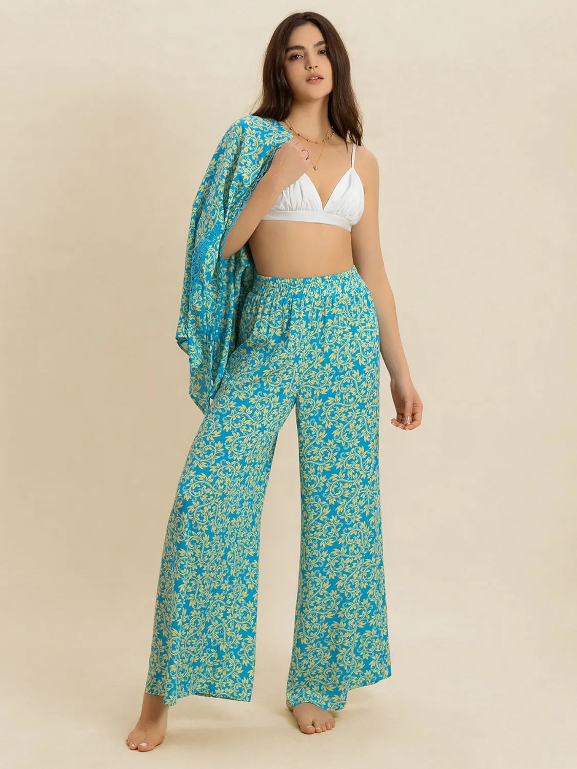 Open Front Printed Top and Pants Set | Loungewear Sets Daverri Fashions