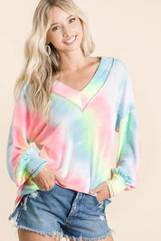 BiBi Tie Dye French Terry V-Neck Top with Puff Sleeves | Tops Daverri Fashions