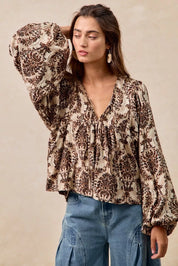 BiBi Printed Woven Front Tied Blouse with Baloon Sleeve | Blouses Daverri Fashions
