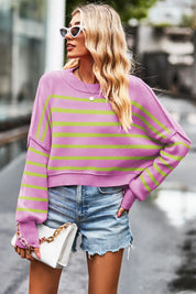 Striped Round Neck Drop Shoulder Slit Sweater | Sweaters Daverri Fashions