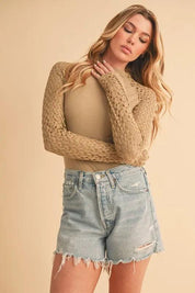 Aemi+Co Mock Neck Ribbed Knit Top with Crochet Sleeve | Tops Daverri Fashions