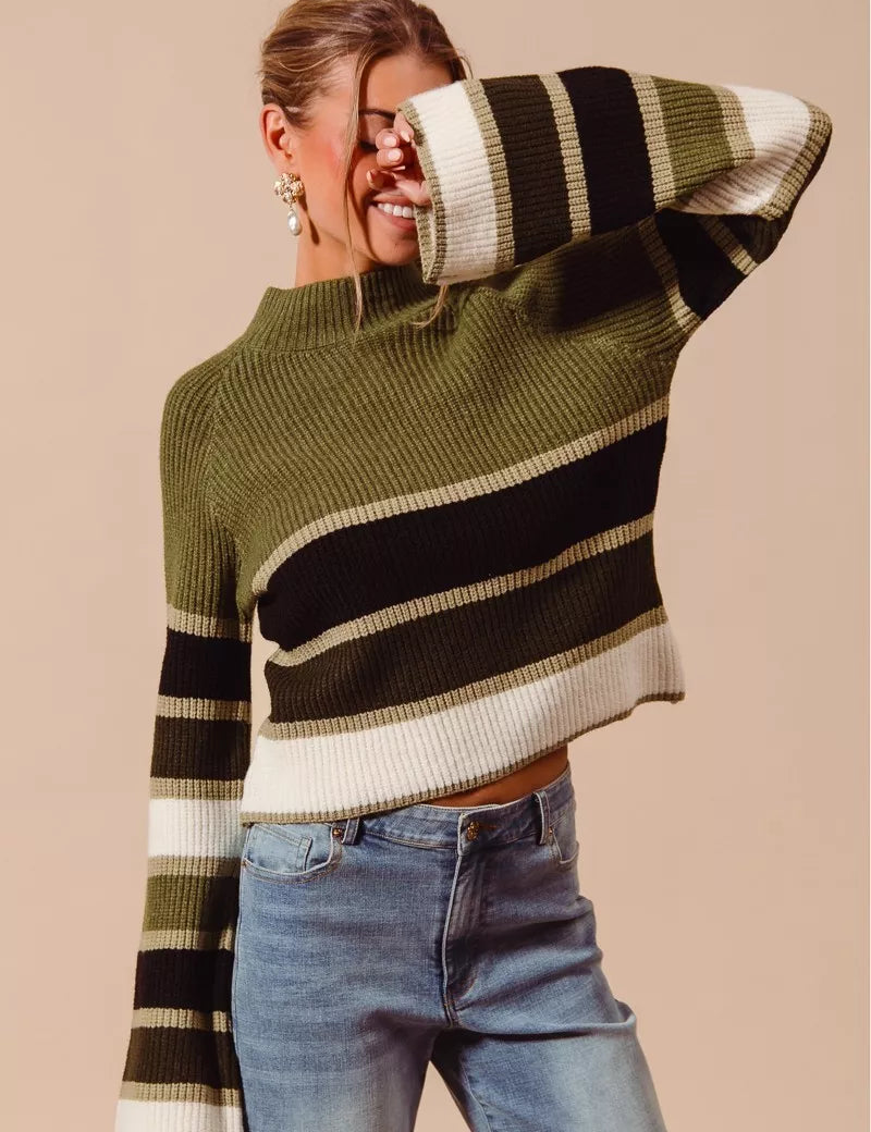 SO ME Multi Color Striped Mock Neck Sweater | Sweaters Daverri Fashions