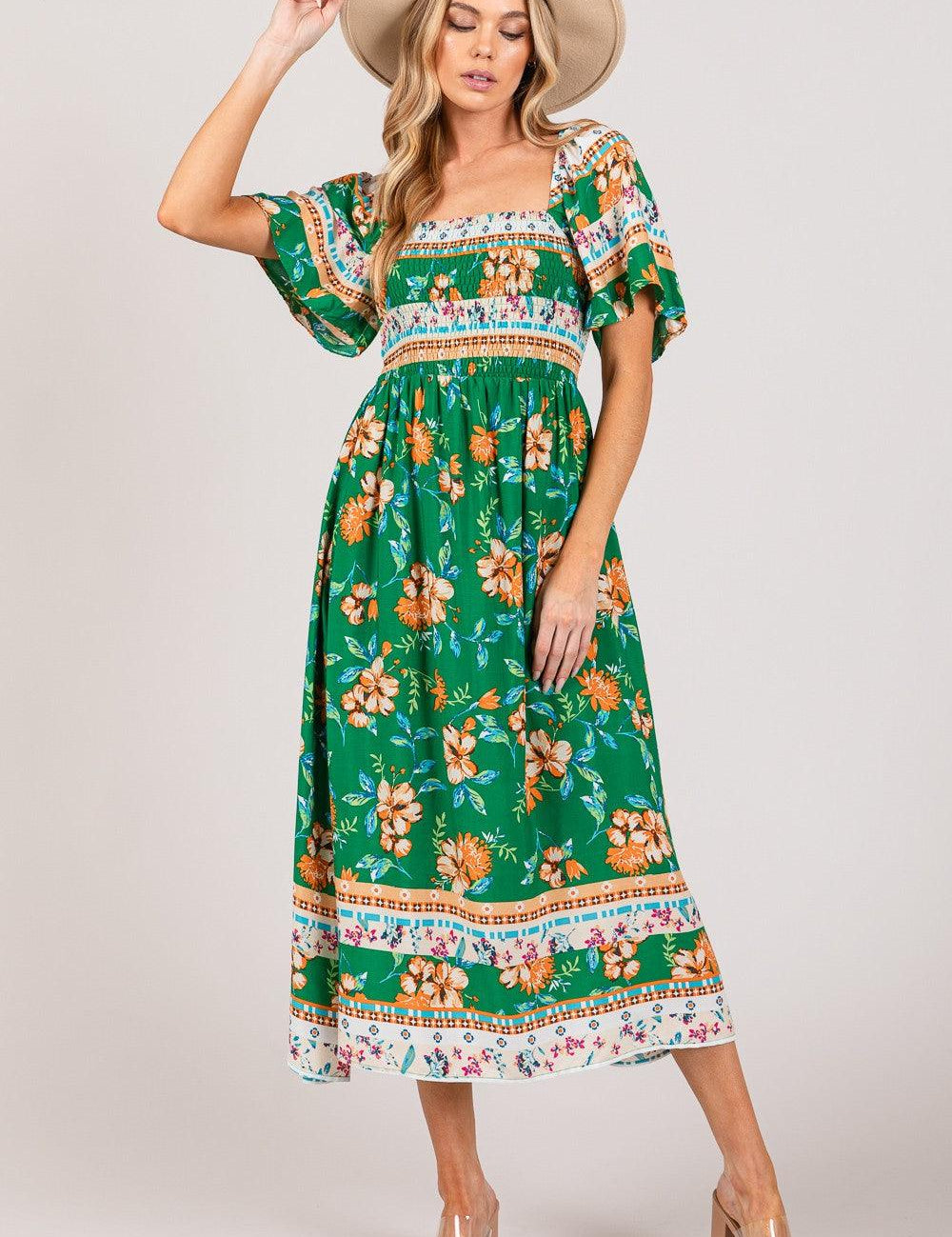 GREEN S SAGE + FIG Printed Smocked Short Sleeve Midi Dress | Mid Dresses Daverri Fashions