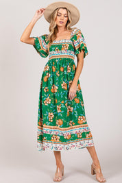 GREEN S SAGE + FIG Printed Smocked Short Sleeve Midi Dress | Mid Dresses Daverri Fashions