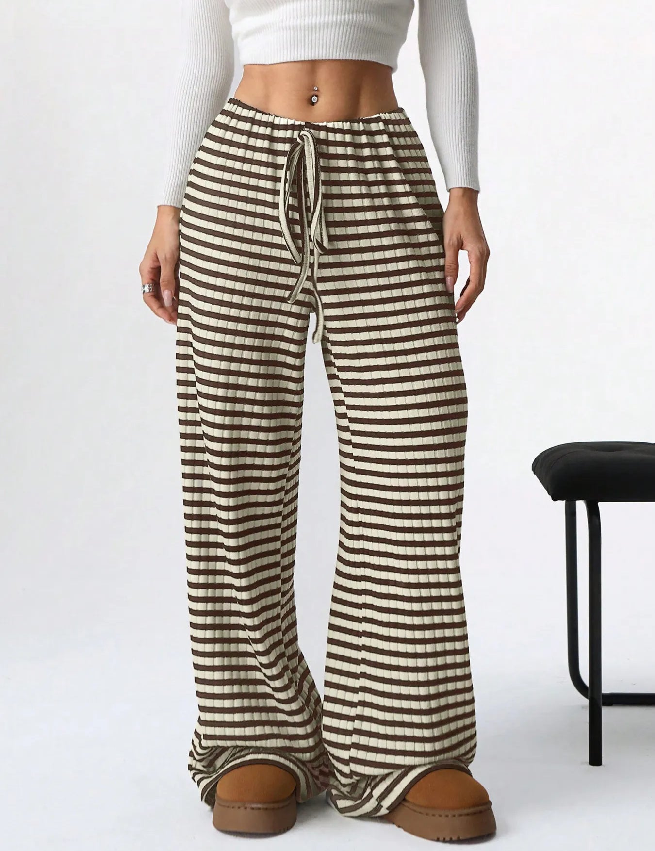 Coffee Brown Striped Wide Leg Drawstring Pants | Loungewear Bottoms Daverri Fashions