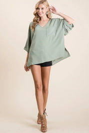 BiBi Flowy Woven V-Neck Top with Rolled Up Cuffs | Tops Daverri Fashions