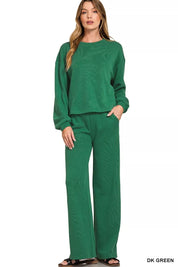 DK GREEN Zenana French Rib Pullover and Pants Set | Daverri Fashions