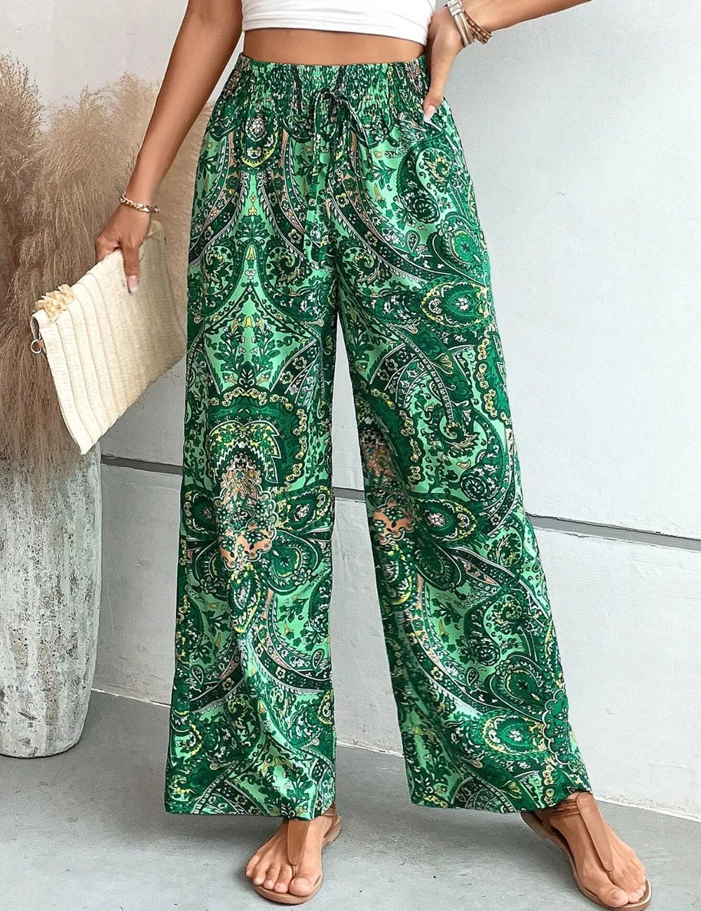 Dark Green Printed Wide Leg Pants | Pants Daverri Fashions