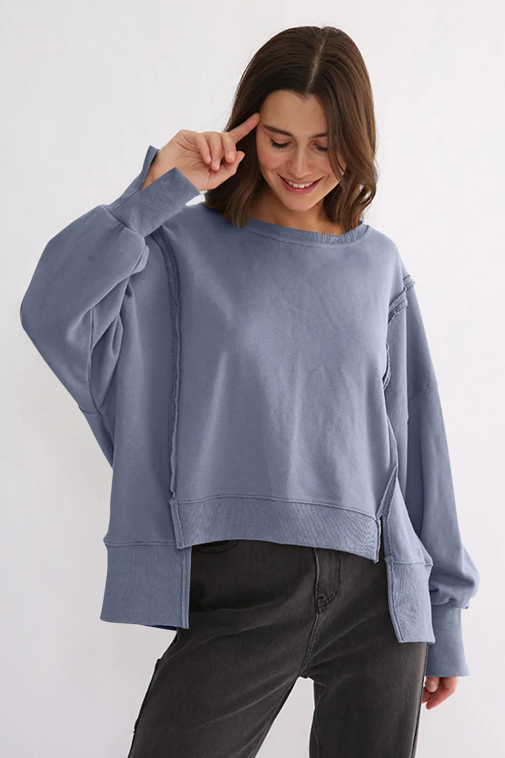Dusty Blue One Size Exposed Seam High-Low Long Sleeve Sweatshirt | Daverri Fashions