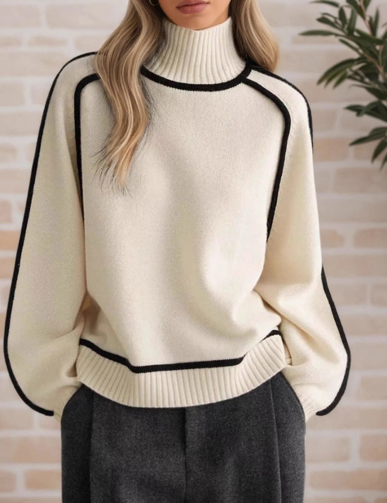 Beige Contrast Trim Turtleneck Sweater | Sweaters Daverri Fashions