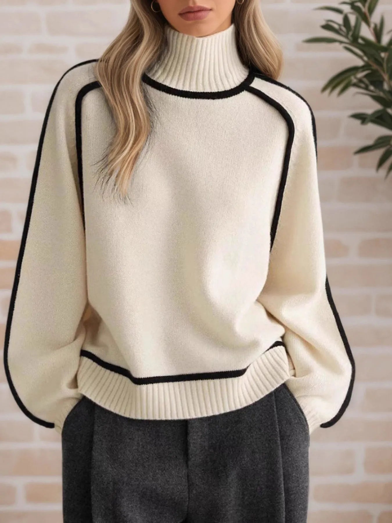 Beige Contrast Trim Turtleneck Sweater | Sweaters Daverri Fashions