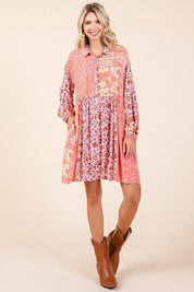 Mittoshop Coral Pink Floral Button Detail Long Sleeve Shirt Dress | Mini Dresses Daverri Fashions