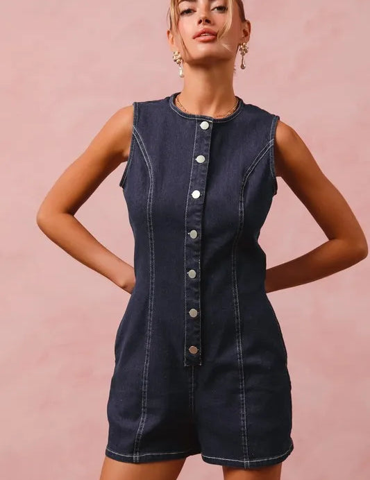 SO ME Button Up Front Washed Denim Sleeveless Romper | Rompers Daverri Fashions