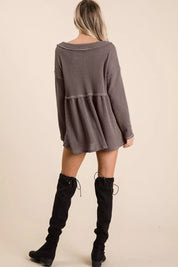 BiBi Waffle Knit V-Neck Babydoll Blouse | Daverri Fashions