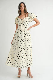 MABLE Polka Dot Puff Sleeve Midi Dress | Daverri Fashions