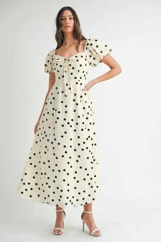 MABLE Polka Dot Puff Sleeve Midi Dress | Daverri Fashions