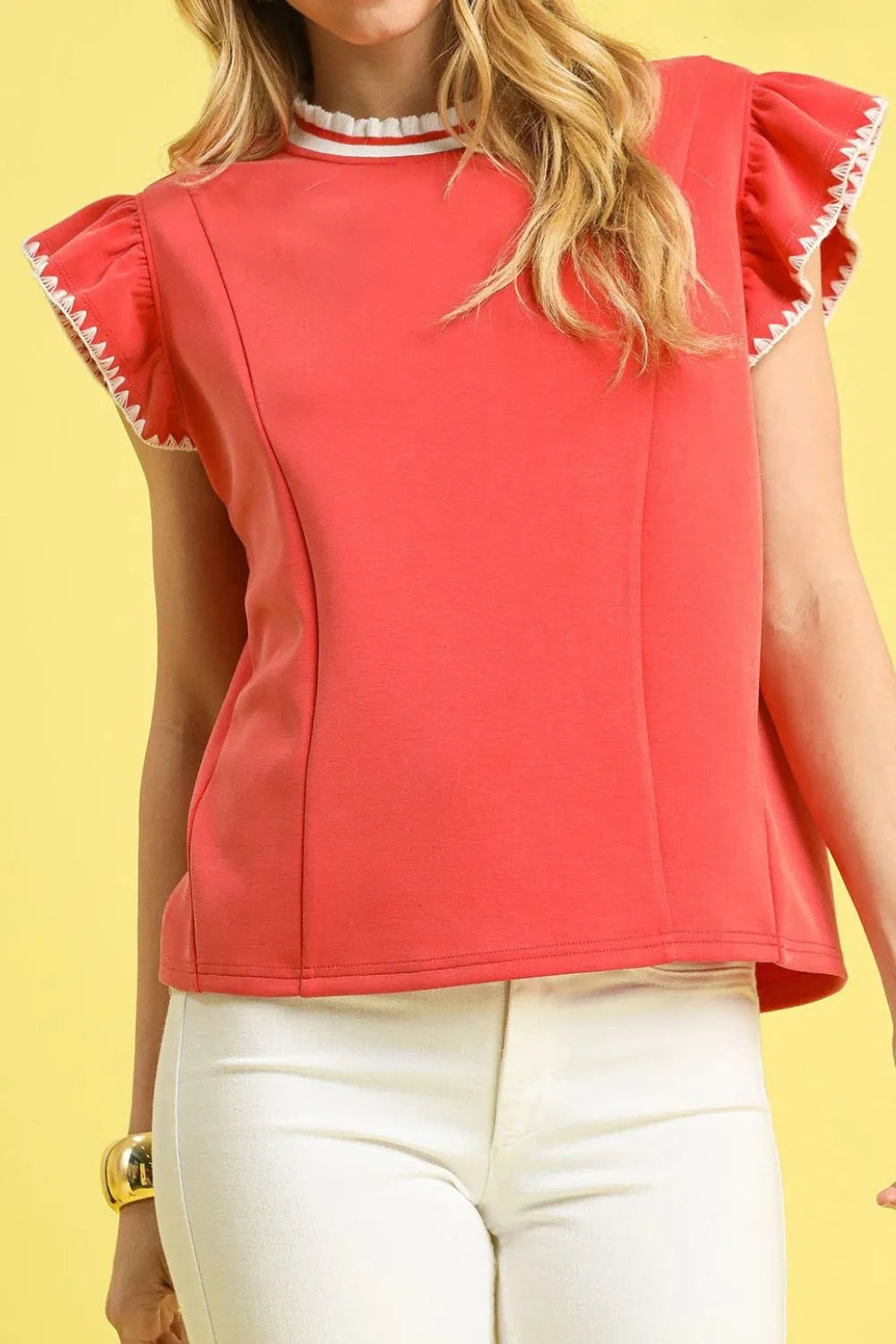 Umgee Contrast Trim Ruffle Cap Sleeve Blouse | Daverri Fashions