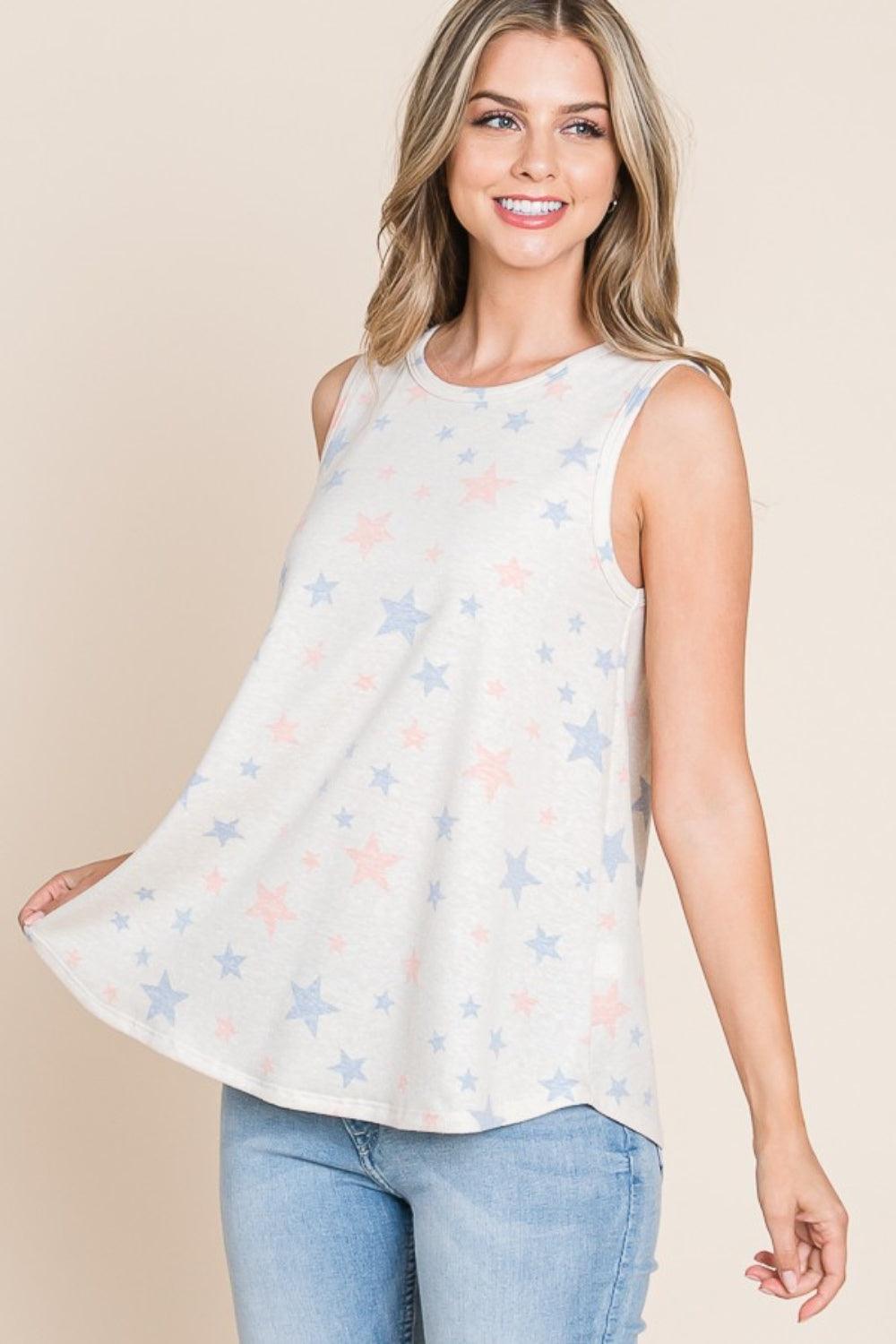 BOMBOM Star Print Round Neck Tank | Tank Tops Daverri Fashions