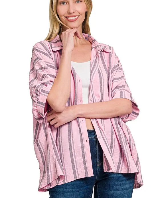 Zenana Woven Yarn-Dye Stripe Oversized Button Down Shirt | Daverri Fashions