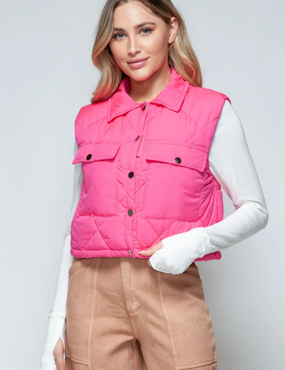 Hot Pink Snobbish Snap Down Quilted Crop Vest | Vest Jackets Daverri Fashions