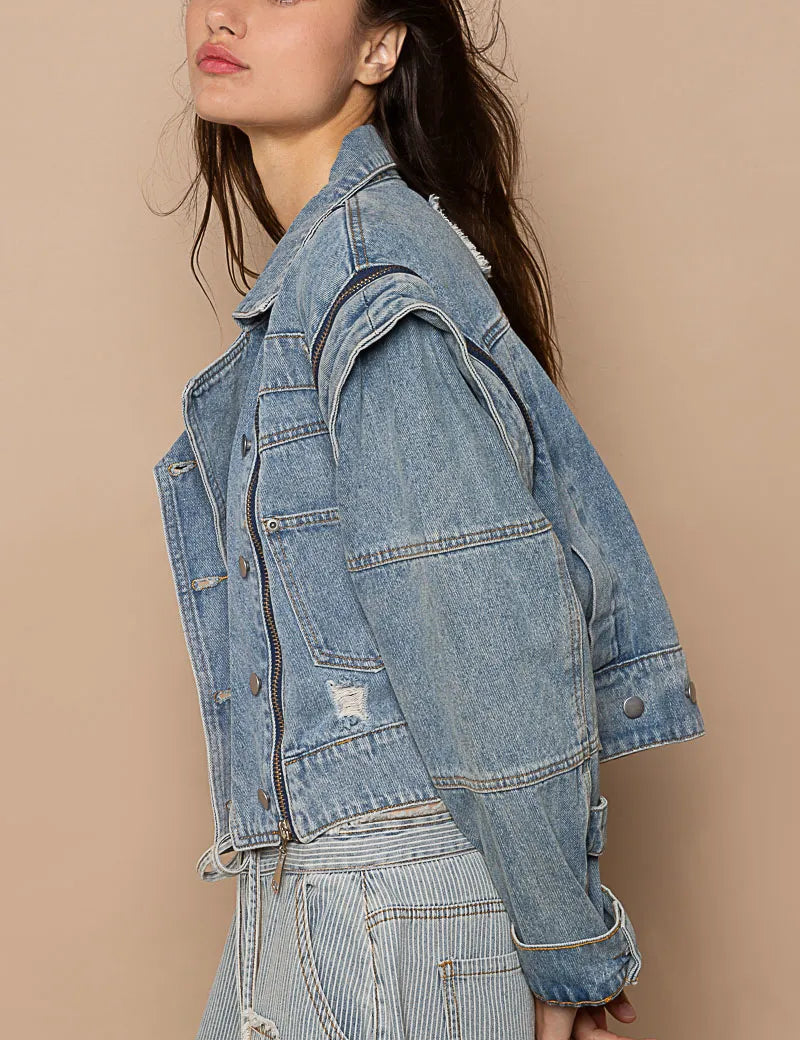 POL Cropped Denim Jacket with Functional Zipper Detail | Denim Jackets Daverri Fashions