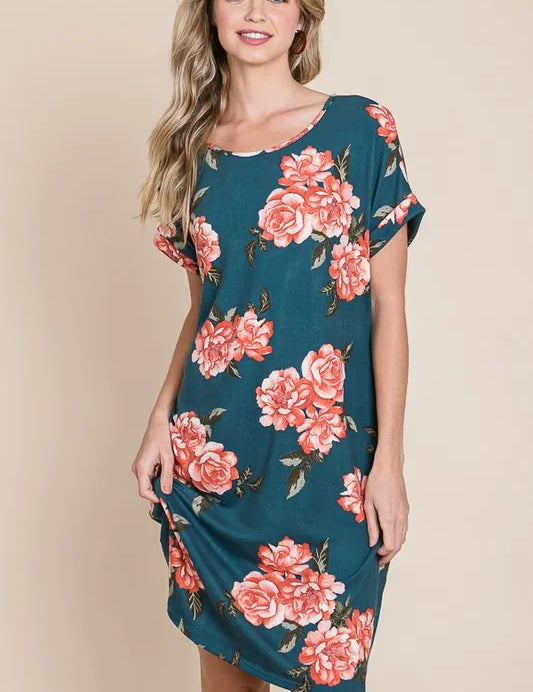 BOMBOM Floral Round Neck Short Tee Dress with Pockets | Daverri Fashions