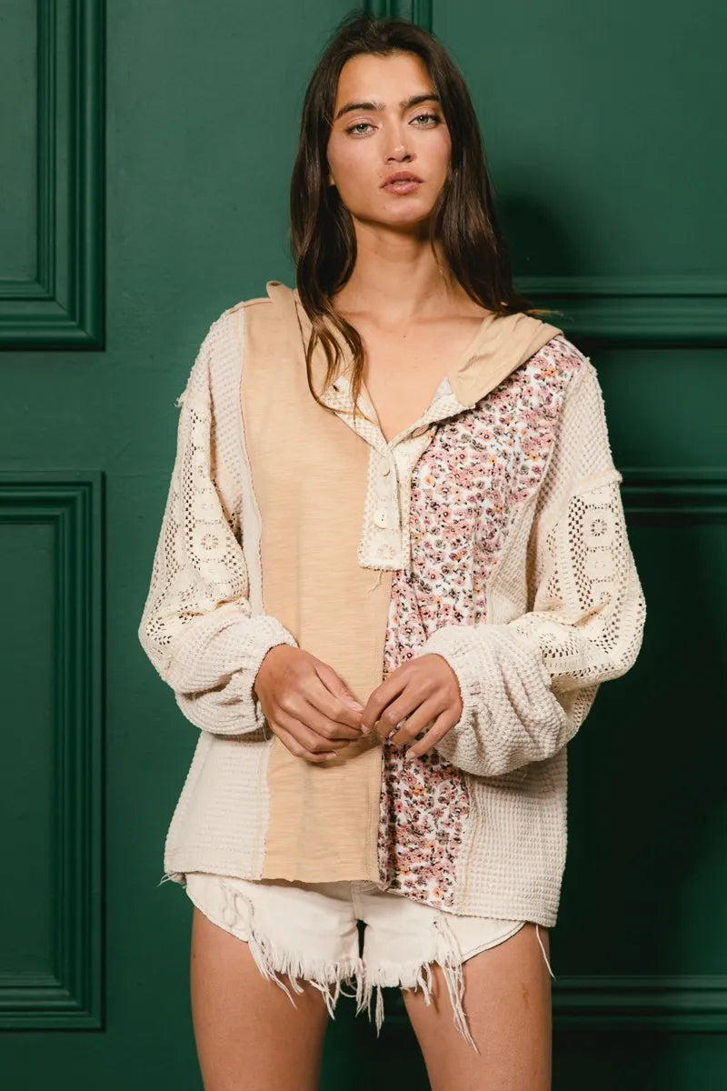 BiBi Slub Jersey with Lace Combo Buttoned Hoodie Top | Hoodies Daverri Fashions