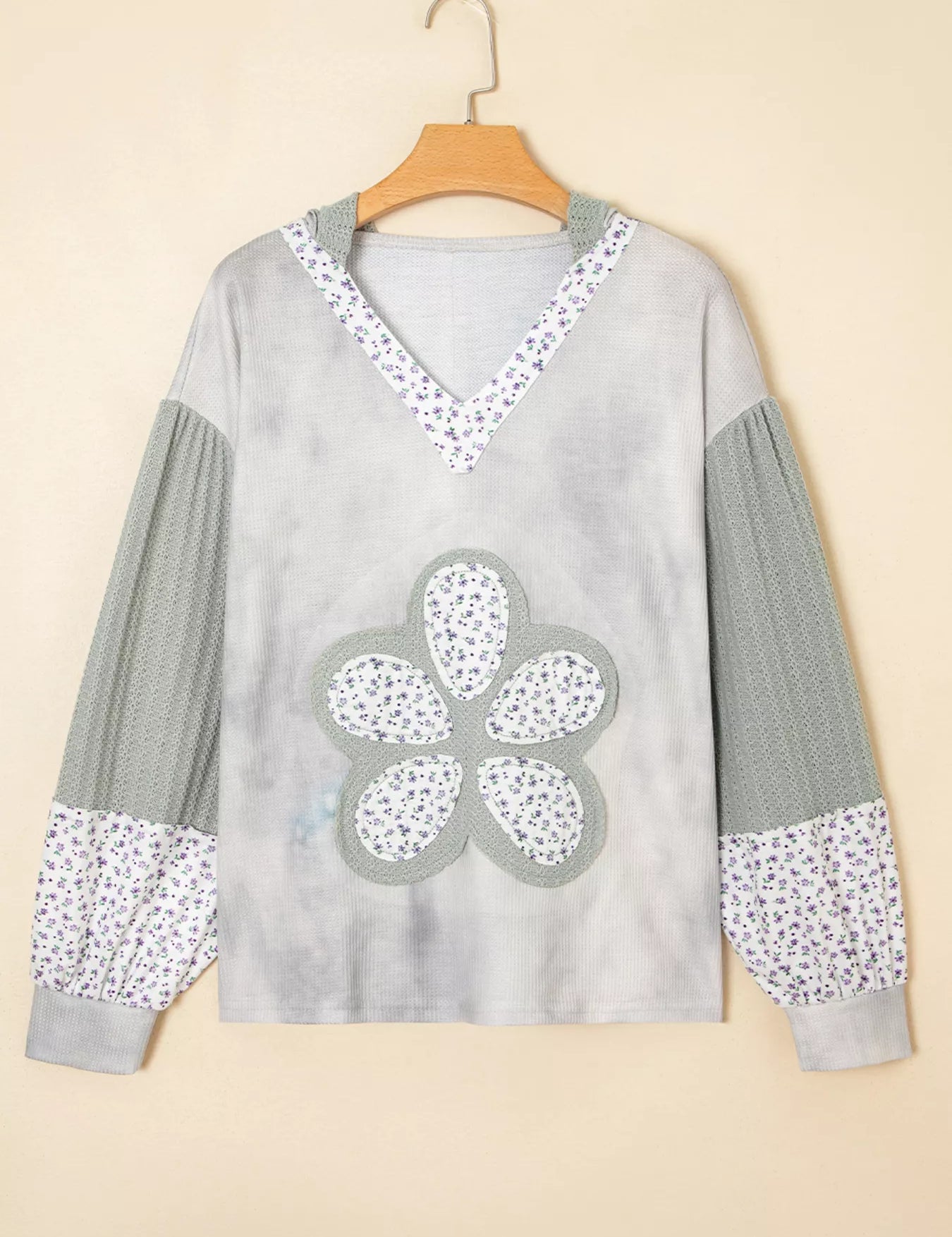 Floral Patched Waffle Textured V Neck Casual Hooded Top | Tops Daverri Fashions