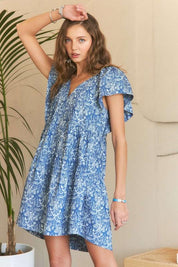 ADORA Printed V-Neck Ruffle Sleeve Mini Dress | Mini Dresses Daverri Fashions