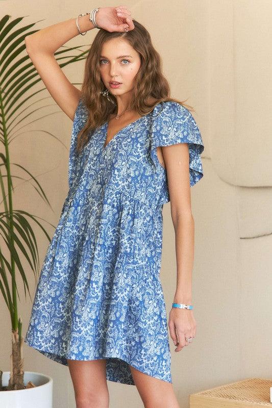 ADORA Printed V-Neck Ruffle Sleeve Mini Dress | Mini Dresses Daverri Fashions