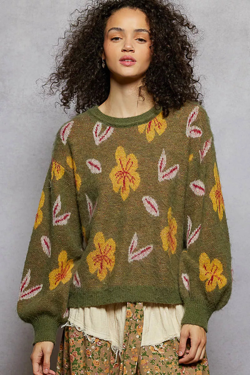 OLIVE POL Floral Pattern Round Neck Balloon Sleeve Sweater | Sweaters Daverri Fashions